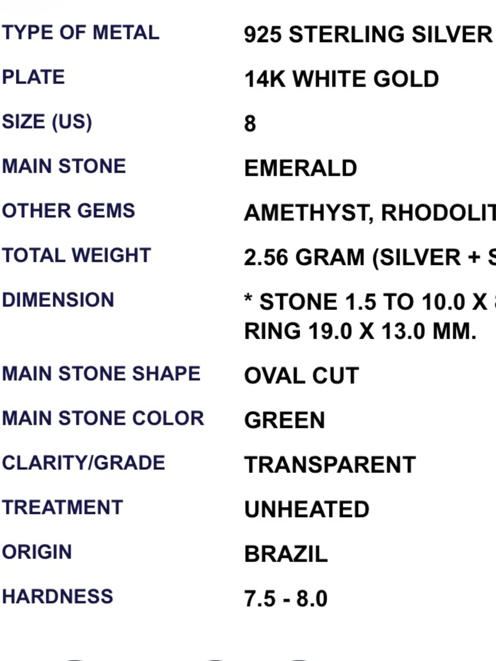 Genuine 8 mm by 10mm Emerald- Halo Ring with Genuine Amethysts
See Video - Picture 7 of 7